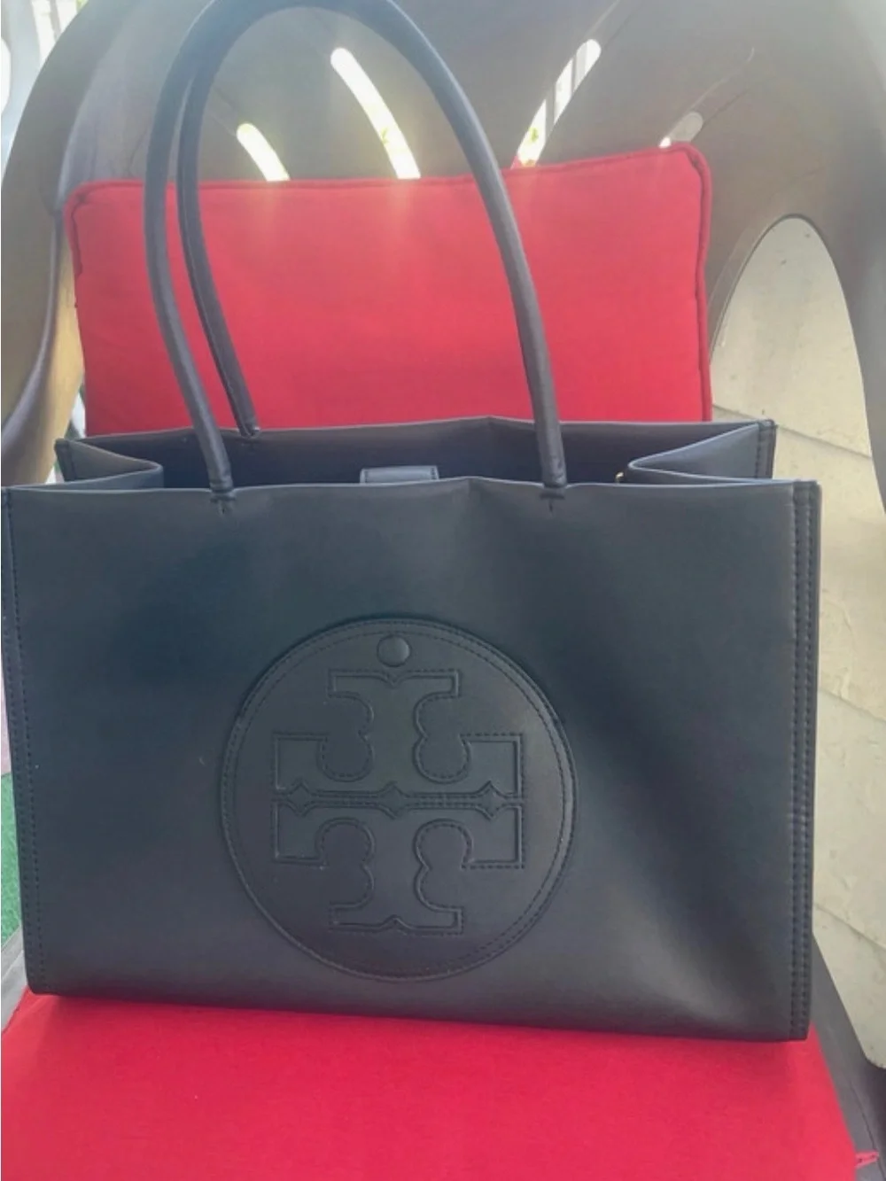 Tory Burch Black Leather Embossed Logo Tote